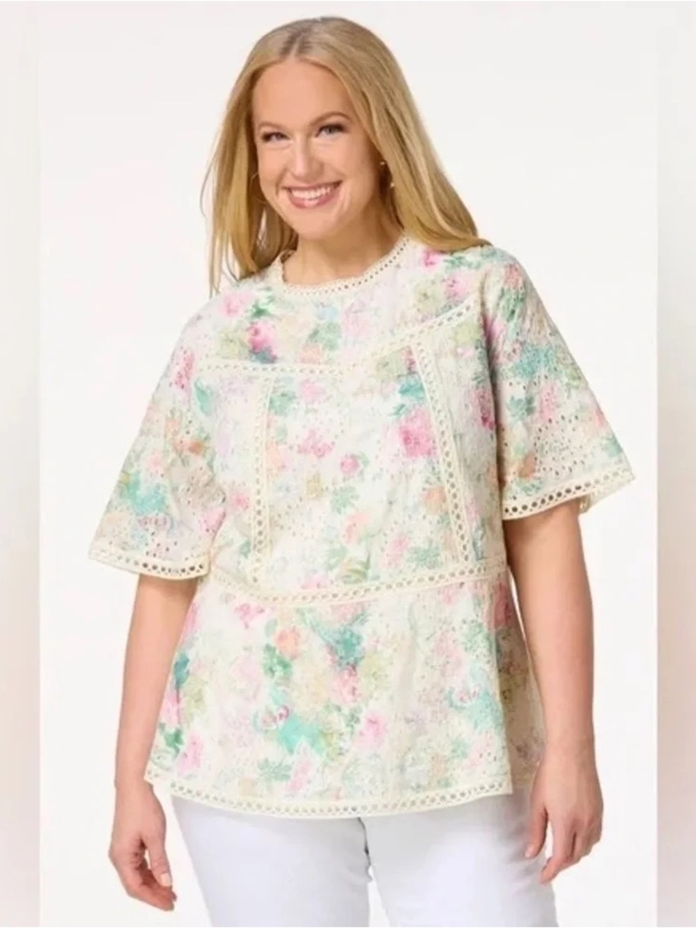 Cato Pastel Floral Crochet-Trim Short Sleeve Blouse